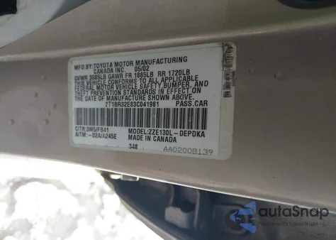 2003 Toyota Corolla Ce из США, поврежденный, VIN 2T1BR32E83C041981